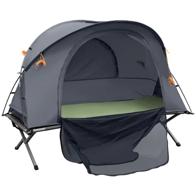 Outsunny Camping Tent Cot, Multifunctional Folding Tent Combo, Portable Off-Ground Tent Shelter with Self-Inflating Air Mattress and Carry Bag for 1 Person