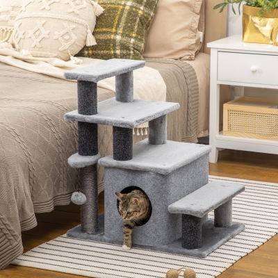 PawHut Cat Stairs Pet Steps for Couch Bed with Scratching Posts Condo Ball Toy, 23.6" x 15.7" x 26", Grey