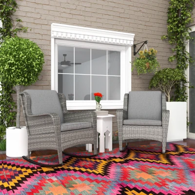 Outsunny 2-Piece Wicker Rocking Chairs, Gray Cushions, Steel Frame