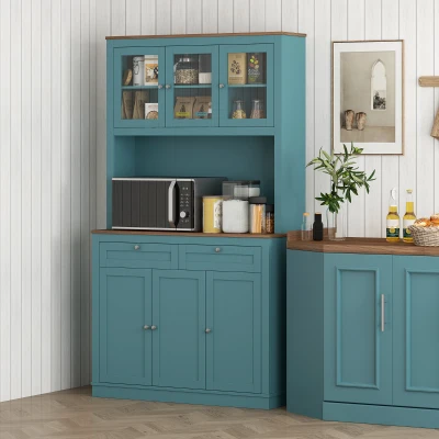 HOMCOM 71" Kitchen Pantry Cabinet with Microwave Stand, Green