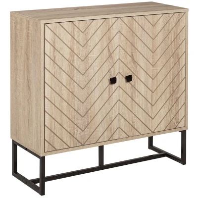 HOMCOM Modern Sideboard, Buffet Cabinet with 2 Chevron Doors and Adjustable Shelf, Kitchen Storage Cabinet with Steel Base, Coffee Bar Cabinet, 31.5" H, Oak