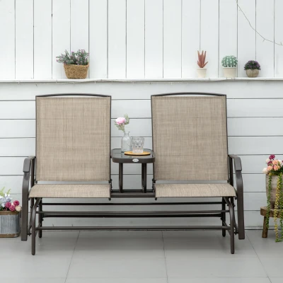 Outsunny Outdoor Glider Bench with Table, Metal Patio Loveseat, Brown
