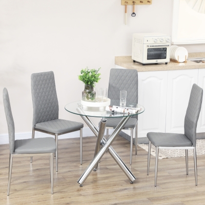 HOMCOM Kitchen Chairs Set of 4, Dining Chairs w/ Faux Leather Upholstery and Steel Legs for Living Room, Dining Room, Grey