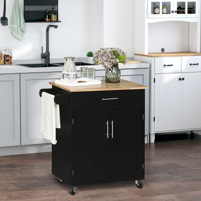 HOMCOM Rolling Kitchen Island Cart with Drawer & Storage, Black