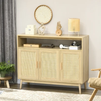 HOMCOM Boho Sideboard Cabinet with Rattan Doors, Natural