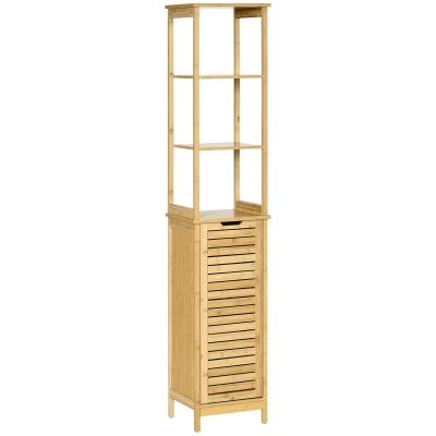 kleankin Bathroom Floor Cabinet with 3 Shelves and Cupboard, Slim and Freestanding Linen Tower with Storage, Natural