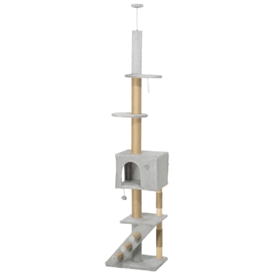 PawHut 89"-104" Floor to Ceiling Cat Tree w/ Scratching Post, Cat House, 3-Steps, Hanging Ball, Perches, Light Grey