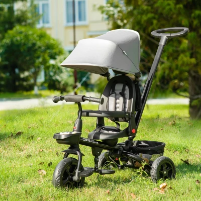 Qaba 4-in-1 Kids Tricycle, Gray with Canopy & Reversible Seat