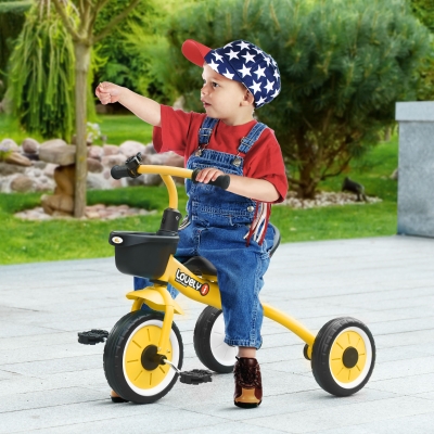 Qaba Tricycle for Toddler 2-5 Year Old Girls and Boys, Toddler Bike with Adjustable Seat, Basket, Bell, Yellow