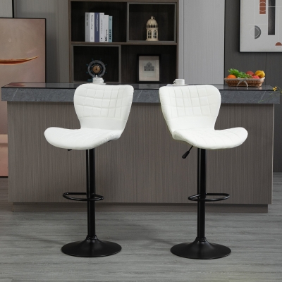 HOMCOM Bar Stools Set of 2 Adjustable Height Swivel Bar Chairs in PU Leather with Backrest & Footrest, White