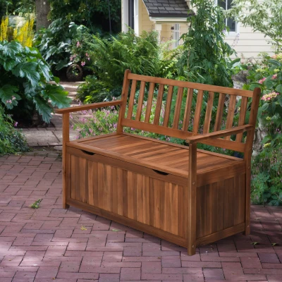 Outsunny 41 Gallon Wooden Outdoor Storage Bench, Teak