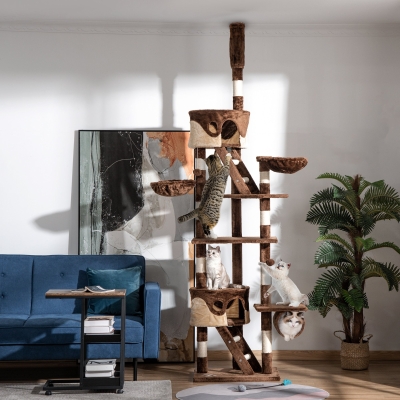 PawHut 94"-102" Huge Cat Tree Ceiling High Cat Condo Scratching Post Activity Center Multi-Level Play House