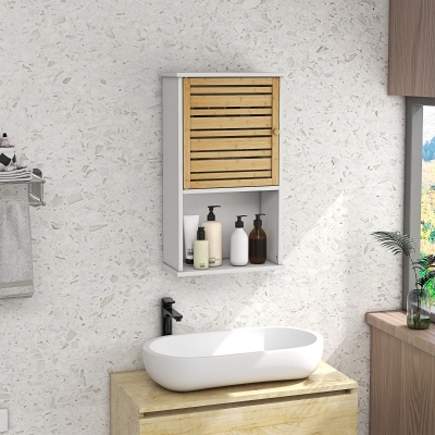 HOMCOM Wall Mounted Bathroom Cabinet with Storage, Bathroom Wall Cabinet with Bamboo Slat Door and Adjustable Shelf, White