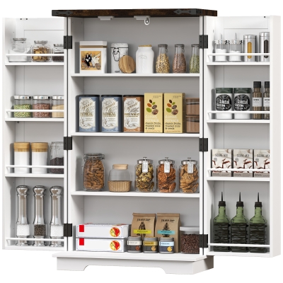 HOMCOM Farmhouse Kitchen Pantry Storage Cabinet, Kitchen Pantry Cabinet with Doors and Adjustable Shelves, White