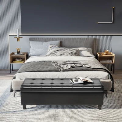 HOMCOM 51" Tufted Ottoman Storage Bench, Black Faux Leather