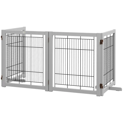 PawHut Wooden Dog Gate for Small & Medium Dogs 4 Panel w/ Support Feet Foldable Pet Fence for House Doorway Light Grey