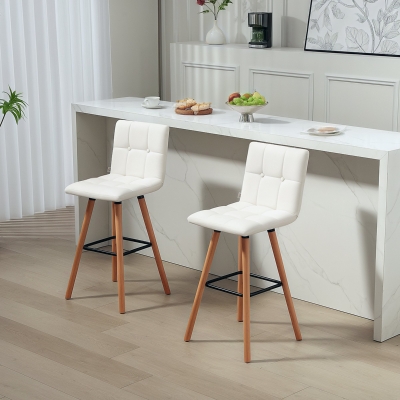 HOMCOM Modern Bar Stools Set of 2, 38" Upholstered Kitchen Island Stool with Solid Wood Legs, White