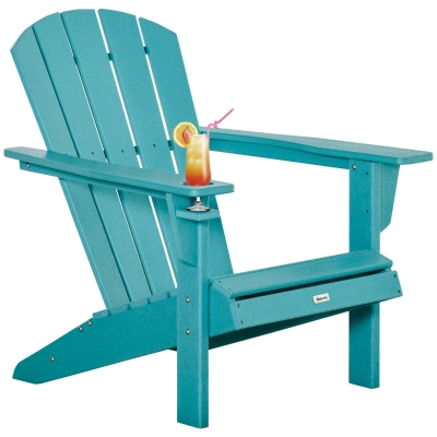 Outsunny Adirondack Chair with Cup Holder, HDPE Outdoor Lounger, Light Blue