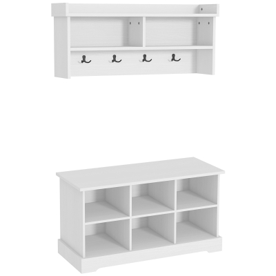 HOMCOM Coat Rack Shoe Bench Set, Entryway Shoe Bench with 8 Storage Cubbies, 4 Hooks for Hallway, Living Room, White