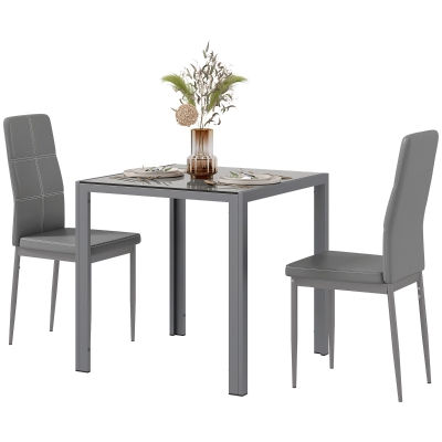 HOMCOM 3-Piece Rectangular Glass Kitchen Table and Chairs with Metal Frame and Faux Leather Upholstery for Dining Room, Grey