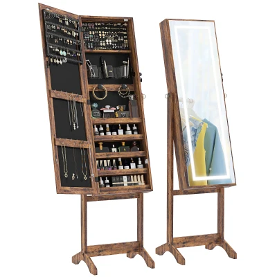 HOMCOM Lockable Jewelry Armoire with LED Light, Standing Mirror with Storage for Bedroom Dressing Room, Rustic Brown