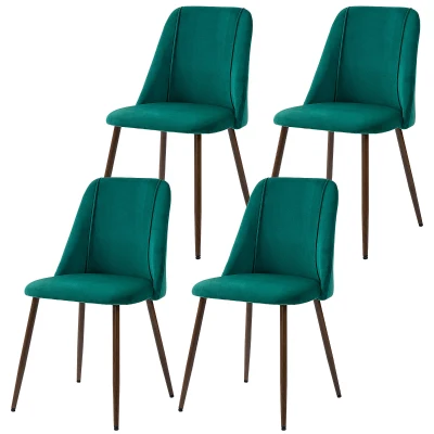 HOMCOM Upholstered Dining Chairs Set of 4, Velvet Accent Chair with Back and Wood-grain Steel Leg for Kitchen, Green