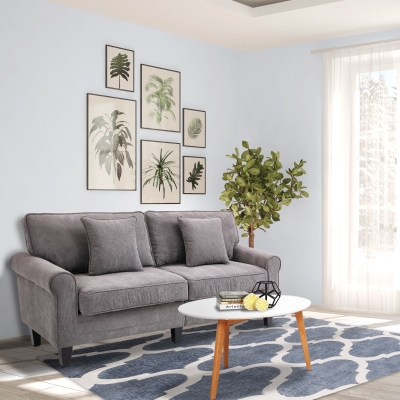 HOMCOM Modern 3 Seater Sofa, Corduroy Fabric 3 Seater Couch with Pine Wood Legs and Rolled Armrests for Living Room, Light Grey