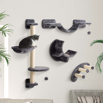 PawHut Cat Wall Shelf with Scratching Post, Play Balls, Platforms, Dark Grey