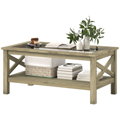 HOMCOM Coffee Table with Glass Top, Wood Frame & Storage Shelf, Gray