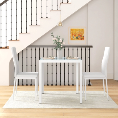 HOMCOM 3-Piece Rectangular Glass Kitchen Table and Chairs with Metal Frame and Faux Leather Upholstery for Dining Room, White