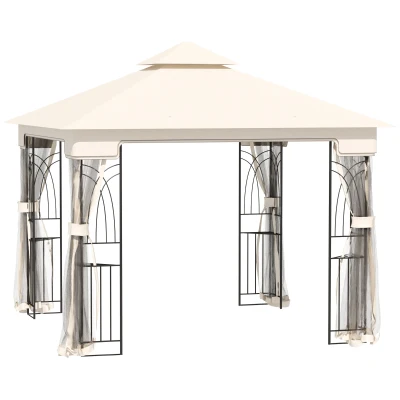 Outsunny 10'x10' Soft-top Patio Gazebo with Double Tier Roof, Mesh Curtains, Display Shelves, Top Hooks, Cream