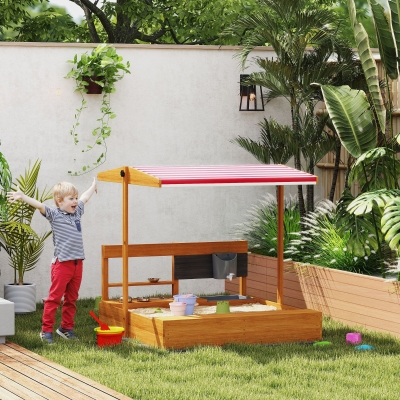 Outsunny Kids Sandbox with Cover Kitchen Playset Toys, Wooden Sand Box with Seat, Storage, for 3-7 Years Old, Red