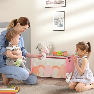 Qaba Pink Toy Box with Lid, Storage Organizer for Bedroom