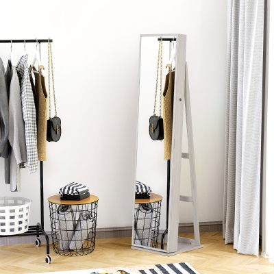 HOMCOM Mirror Jewellery Cabinet Armoire, Lockable Jewellery Organizer with Full-Length Mirror, LED Lights, Standing Jewellery Armoire in White Wood