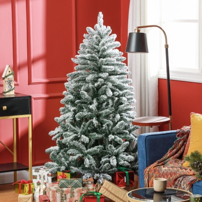 HOMCOM 5 Foot Artificial Flocked Christmas Tree with Snow, Metal Stand, Hinged Xmas Tree for Home Office Holiday