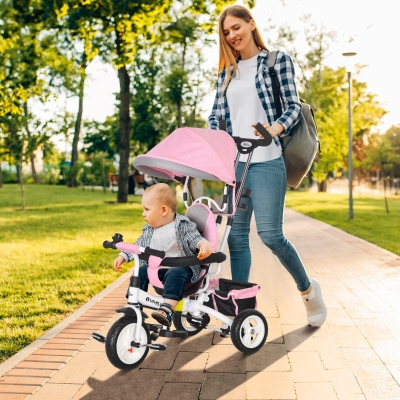 Qaba 6 in 1 Toddler Tricycle Stroller with Basket, Canopy, 5-point Safety Harness, for 12-60 Months, Pink