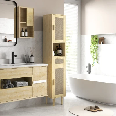 HOMCOM Tall Bathroom Cabinet with Rattan Doors & Drawer, Oak