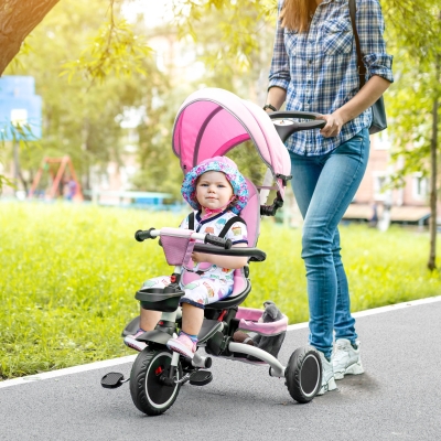 Aosom 6-in-1 Toddler Tricycle for 12-50 Months, Foldable Kids Trike with Adjustable Seat and Push Handle, Safety Harness, Removable Canopy, Footrest, Pink