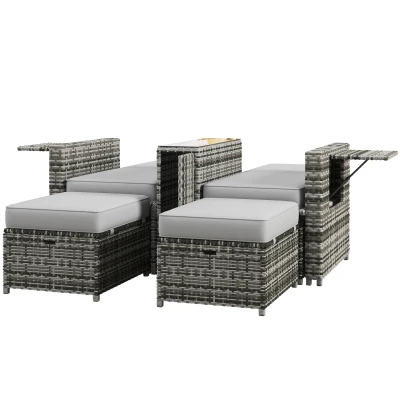 Outsunny 5PC Wicker Patio Lounger, Outdoor PE Rattan 5-level Adjustable Recliner Sofa Bed with Storage Side Table and Footstools, for Patio, Garden, Poolside, Grey