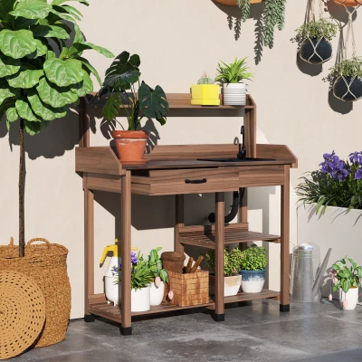 Potting Bench Table 45.25" x 17.75" x 48.5" Coffee
