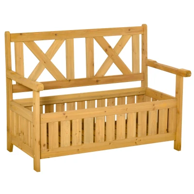 Outsunny Wooden Outdoor Storage Bench 2-Person Patio Bench with Louvered Side Panels and X-Shape Back for Garden, Patio, Yellow