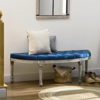 HOMCOM Vintage Semi-Circle Bench, Tufted Velvet, Blue