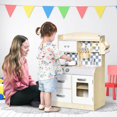 Qaba Kids Wooden Play Kitchen Set, Natural Wood, Pretend Cooking
