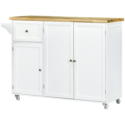 HOMCOM Rolling Kitchen Island with Storage, Utility Kitchen Island Cart with Drawer, Cabinets, Towel Rack and Rubber Wood Top
