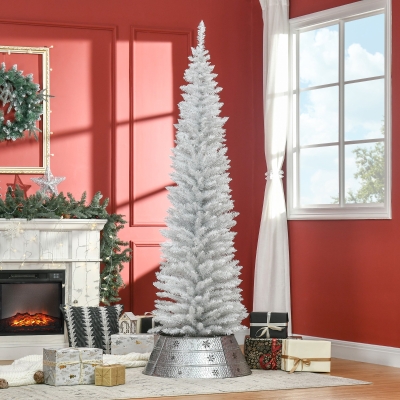 HOMCOM 7' Pencil Christmas Tree, Slim Artificial Xmas Tree with Realistic Branches, Sturdy Metal Stand, White