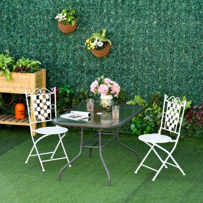 Outsunny Metal Garden Dining Table with Umbrella Hole, Outdoor Patio Table with Tempered Glass Top, 47.25" x 31.5"