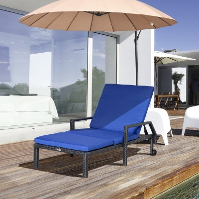 Outsunny Wicker Chaise Lounger PE Rattan Outdoor Lounge Chair Garden Chair Recliner with 5-Level Adjustable Backrest and 2 Wheels, Dark Blue