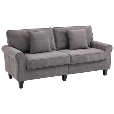 HOMCOM Modern 3 Seater Sofa, Corduroy Fabric 3 Seater Couch with Pine Wood Legs and Rolled Armrests for Living Room, Light Grey