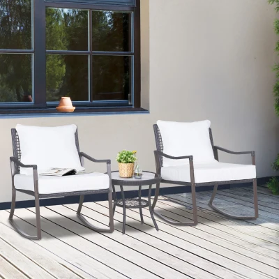Outsunny 3-Piece Patio Rocking Bistro Set, Wicker, Cream White