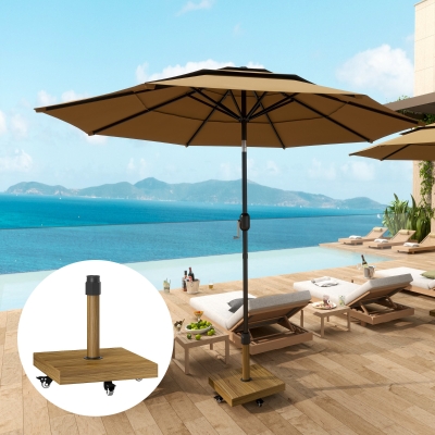 Outsunny 57 lbs Metal Square Patio Umbrella Base Holder, Outdoor Umbrella Stand with Wheels, Heavy Duty Patio Umbrella Stand Base for Garden, Poolside, Nature Wood